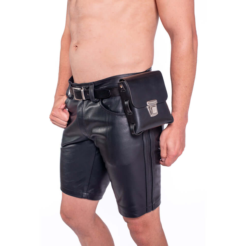 Prowler RED Leather Buckle Pouch Black worn by model in leather shorts for a bold masculine look.