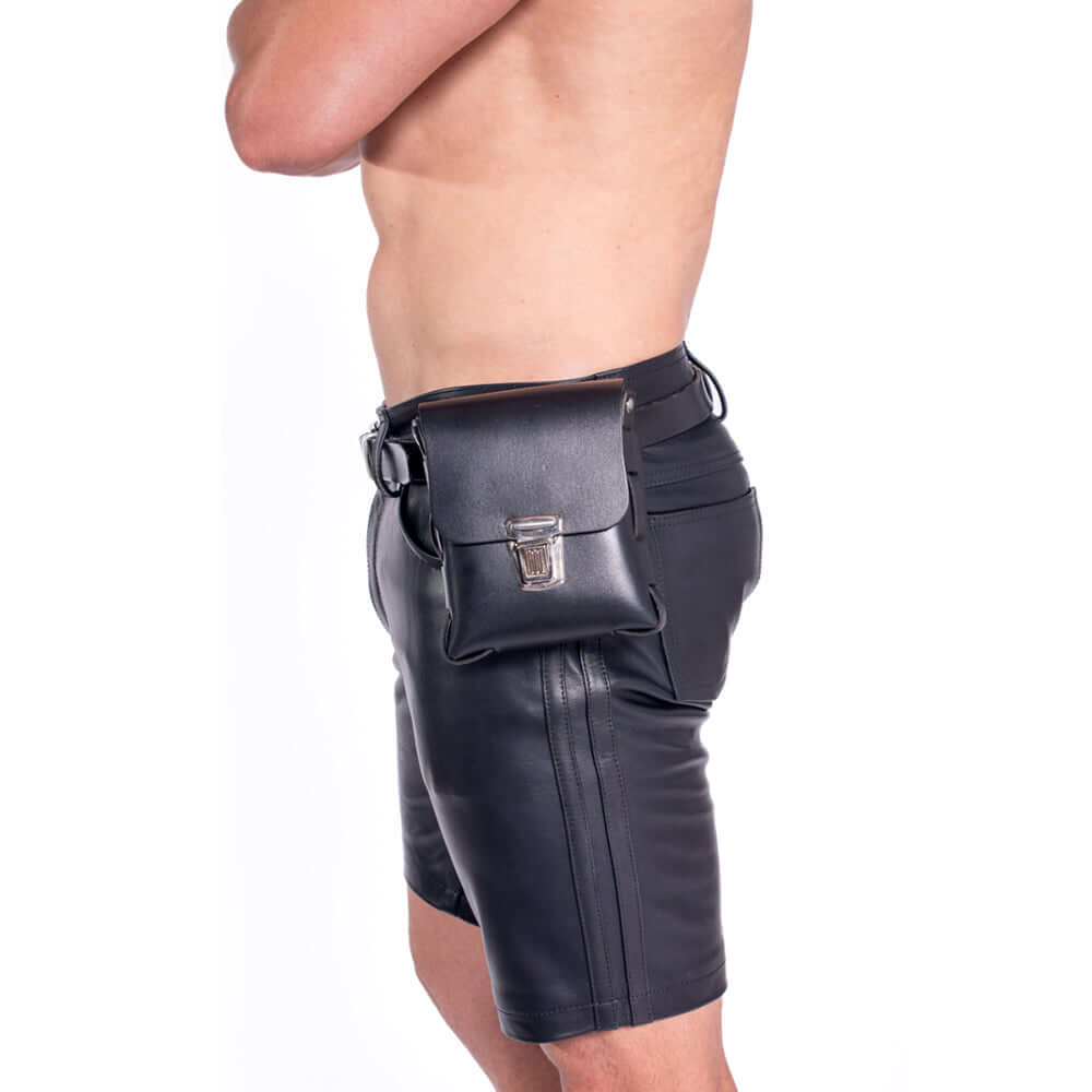 Prowler RED Leather Buckle Pouch Black worn on the hip, showcasing its sleek design and practical storage features.