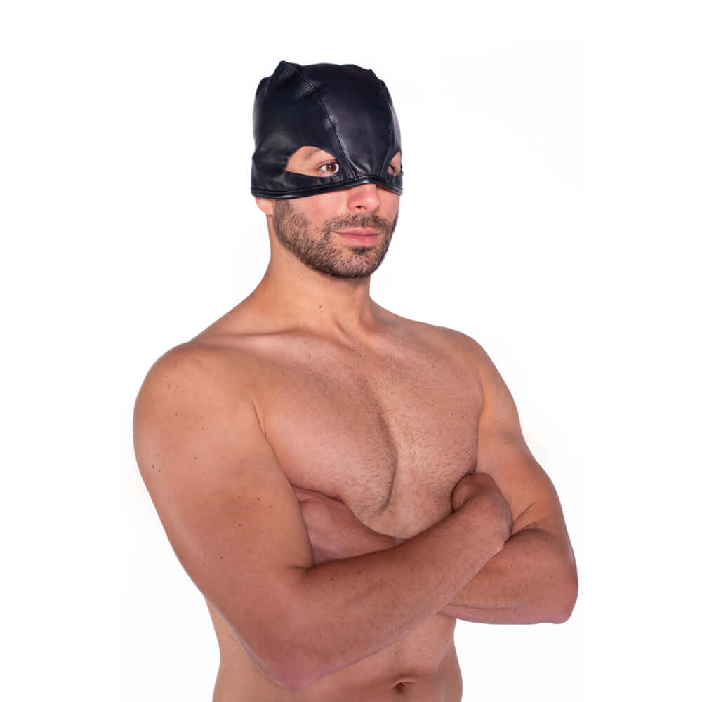 Prowler RED Leather Executioners Hood Black worn by a model, showcasing its sleek and bold design.