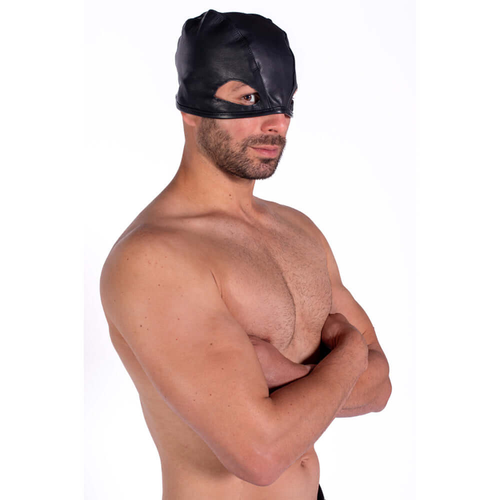 Prowler RED Leather Executioners Hood Black worn by male model showcasing a striking fetish accessory.
