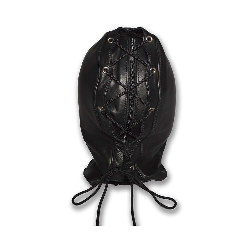 Prowler RED Leather Double Hood with Front Zipper showing its black leather texture and laced design from above.