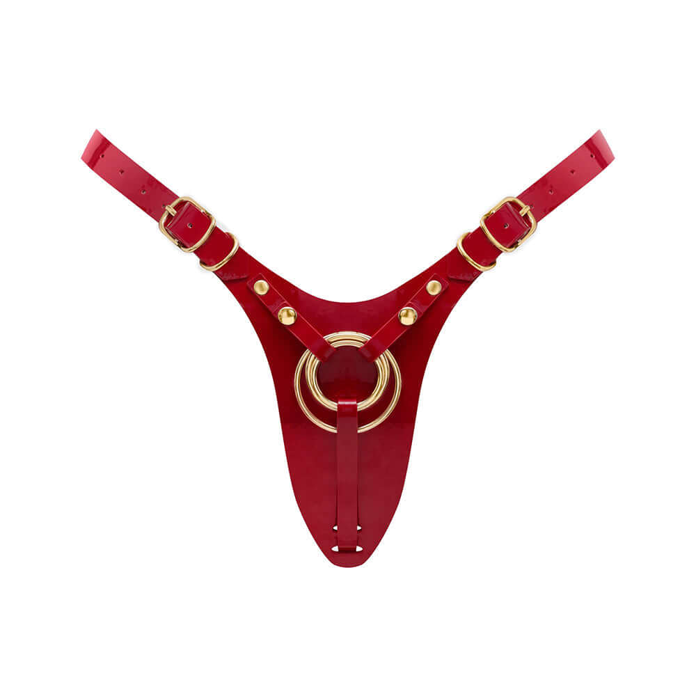 Strap On Me Leatherette Harness Fabulous One Size Red Glossy, glossy red patent harness with gold accents and high-waisted design.