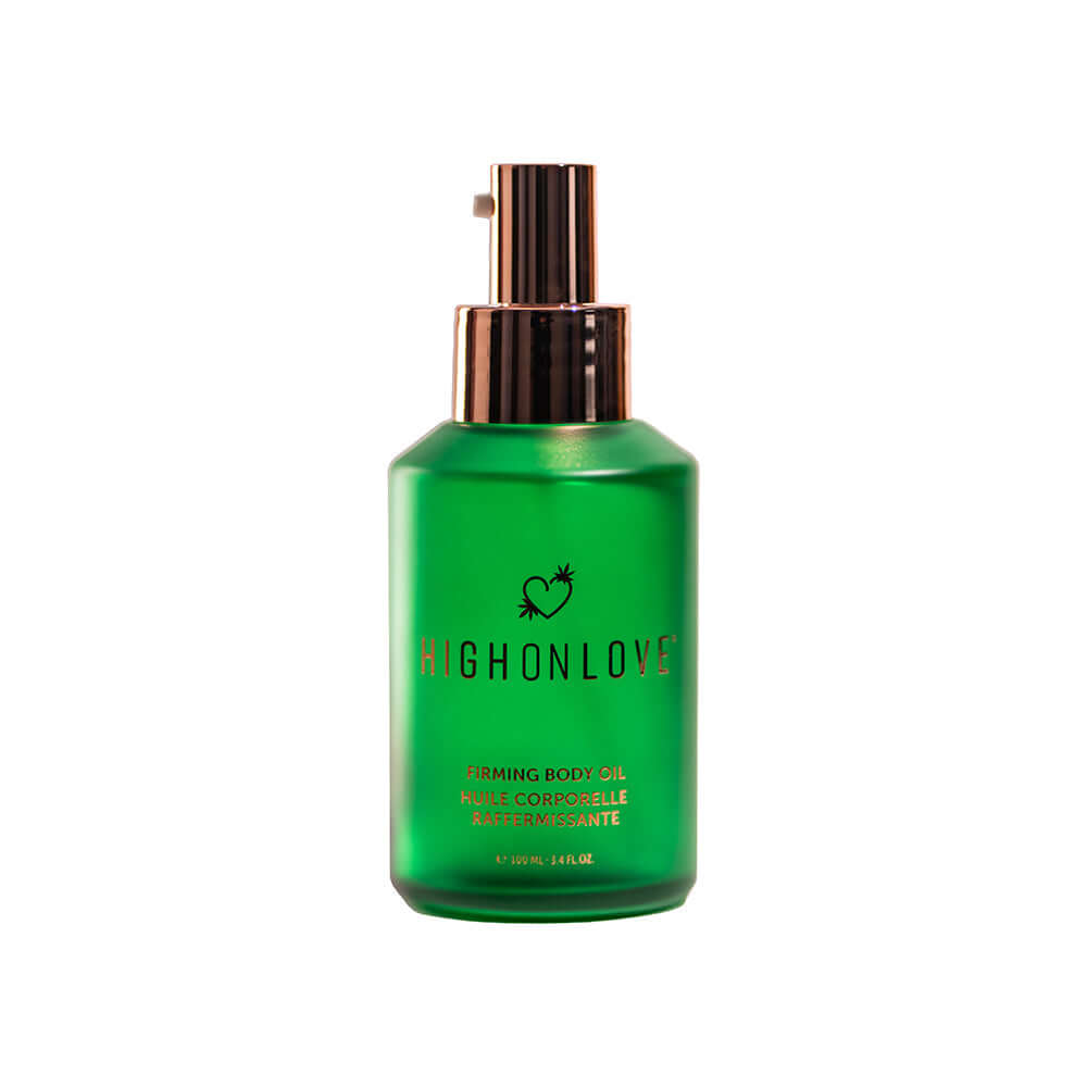 HighOnLove Firming Body Oil 100 ml in a sleek green bottle with a pump for nourishing skin.