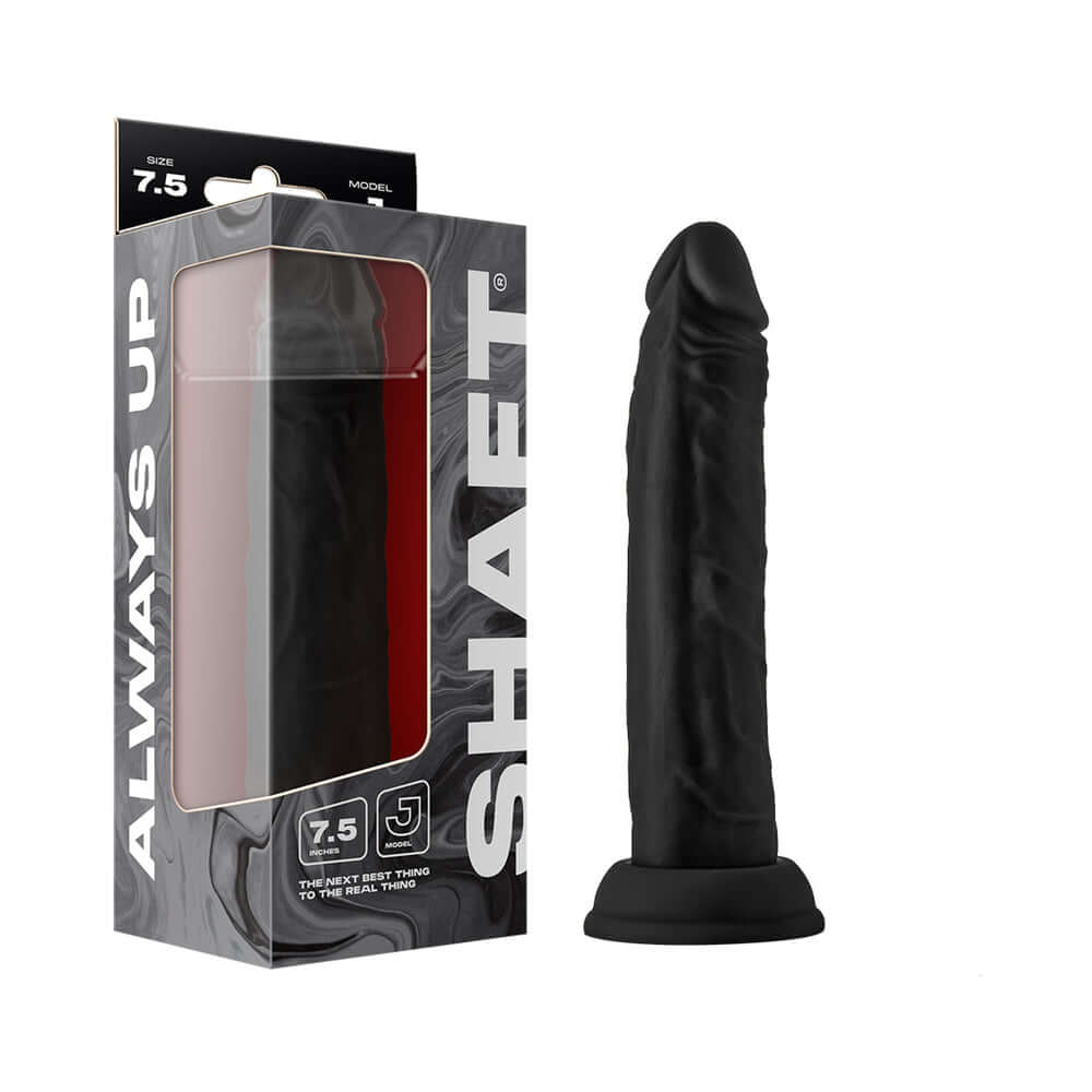 Shaft Model J 7.5 inch Dong Black with packaging next to it, showcasing the realistic design and texture.