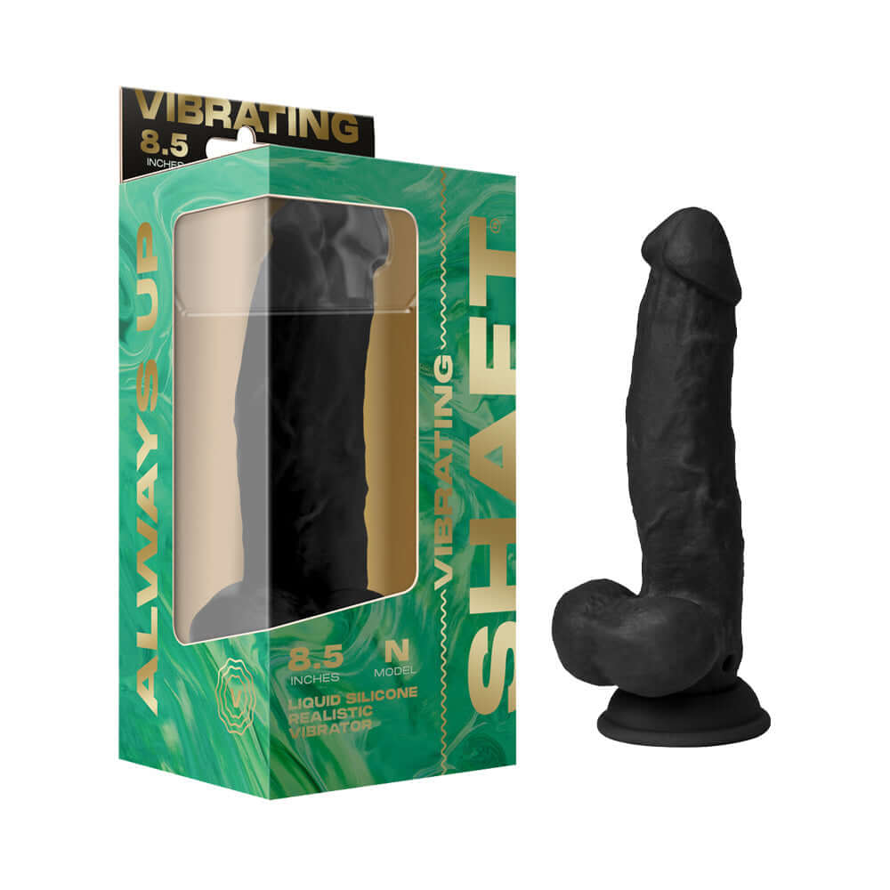 Shaft Vibrating Model N 8.5 inches Black Dildo in packaging with realistic design and liquid silicone material.