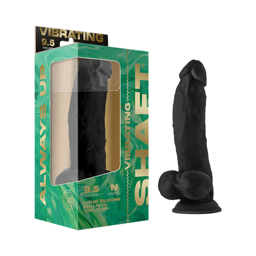Shaft Vibrating Model N 9.5 inches Black Dildo with packaging showcasing lifelike design and flexibility.