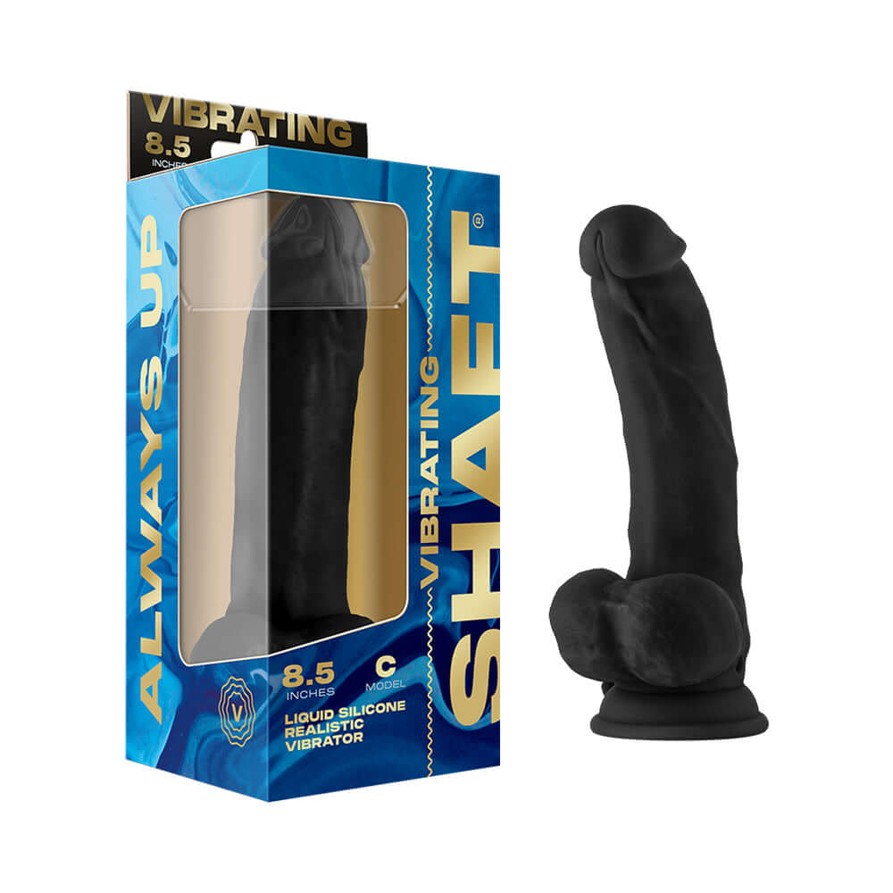 Shaft Vibrating Model C 8.5 inches Black Dildo in packaging with realistic liquid silicone design.