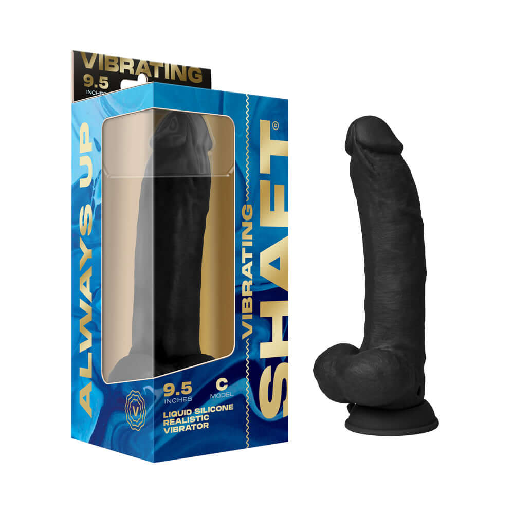 Shaft Vibrating Model C 9.5 inches Black Dildo in packaging, showcasing liquid silicone realism.