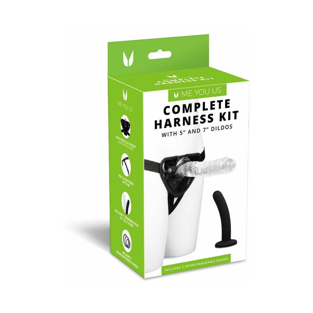Me You Us Complete Harness Kit packaging featuring adjustable harness and two interchangeable dildos.