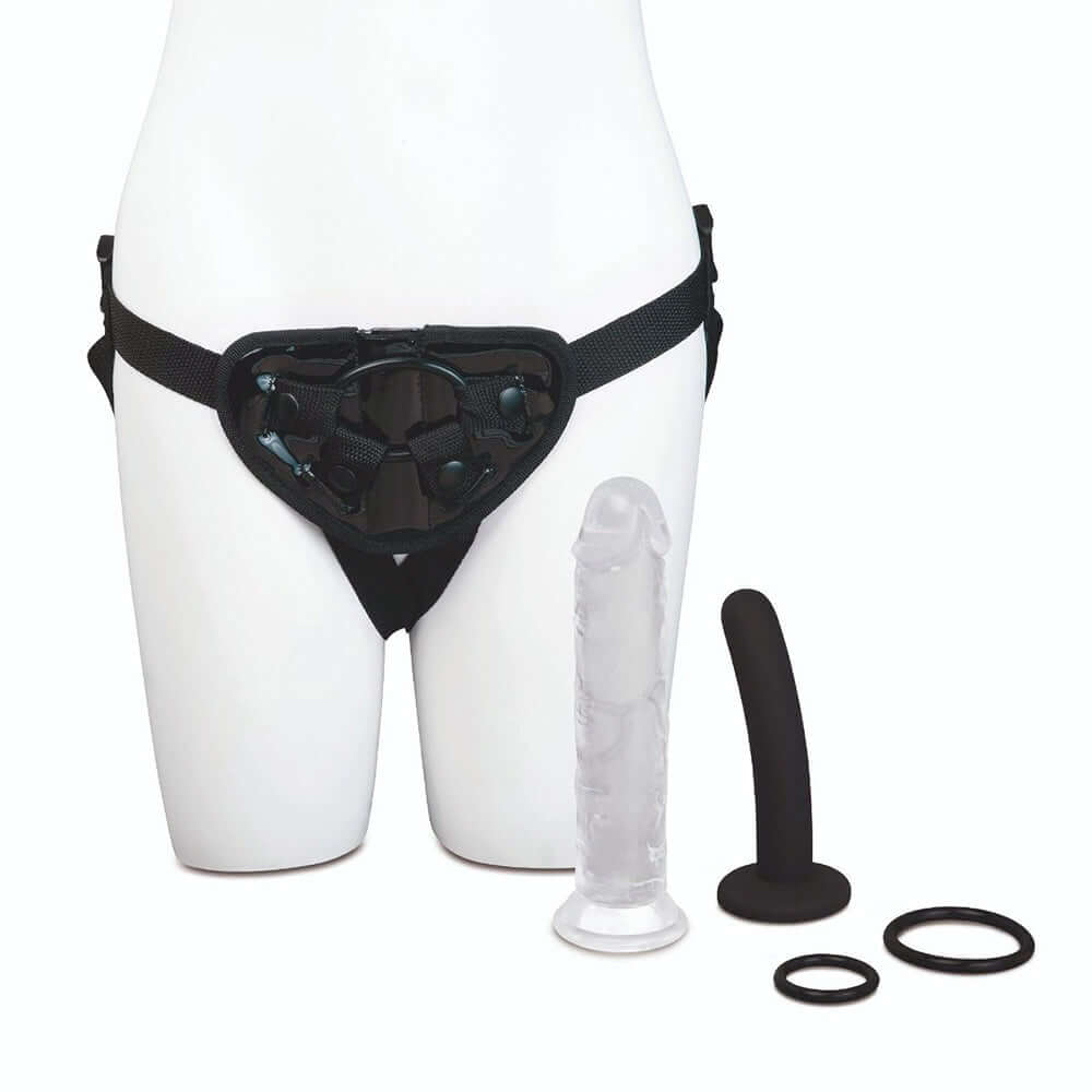 Me You Us Complete Harness Kit with adjustable harness and two interchangeable dildos for versatile strap-on play.