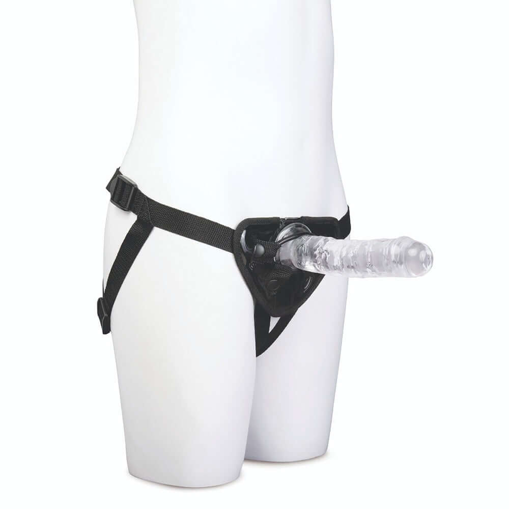 Me You Us Complete Harness Kit 5 & 7 inch Dildos on a mannequin, featuring adjustable straps and a transparent dildo.