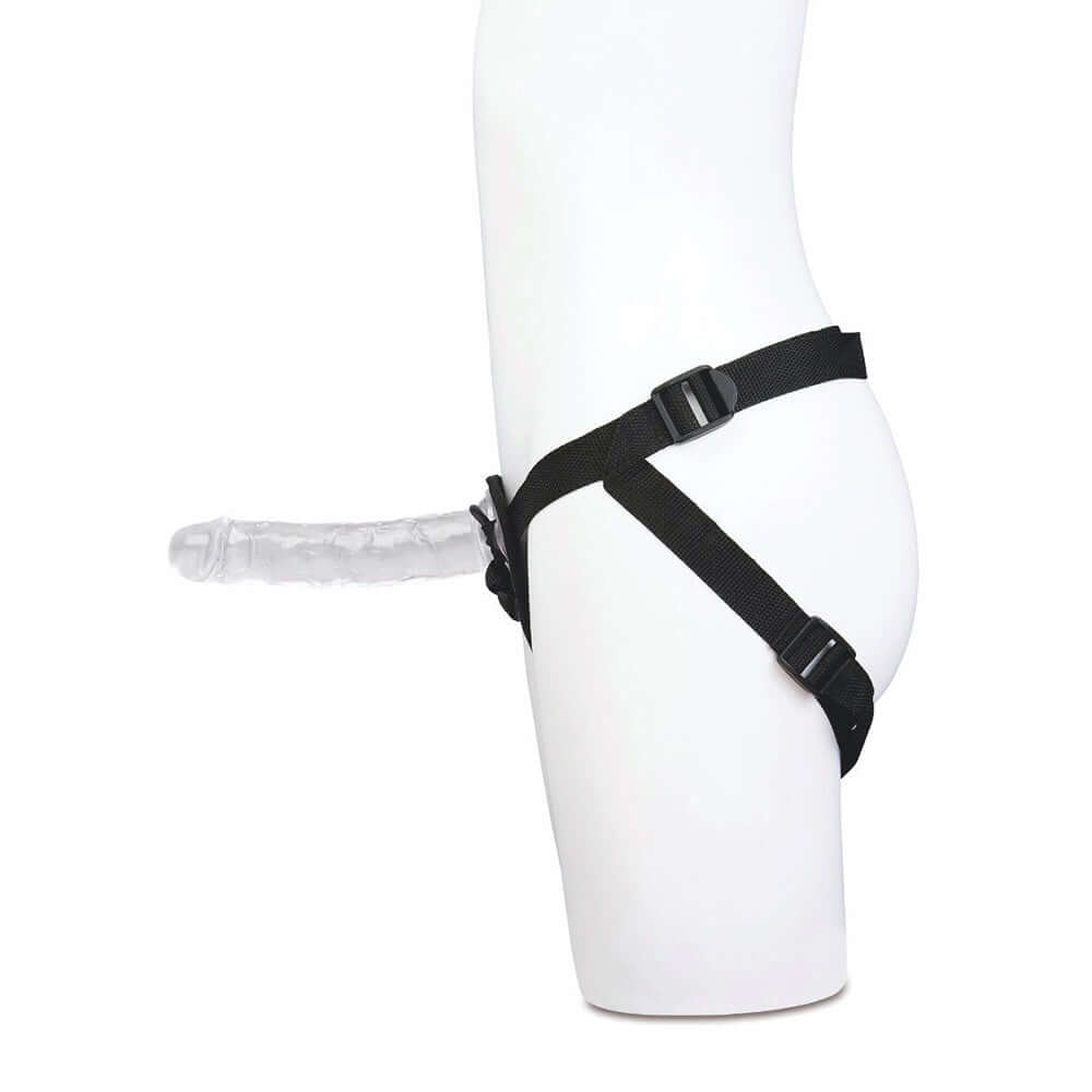 Me You Us Complete Harness Kit 5 & 7 inch Dildos with adjustable harness and clear dildo on display.