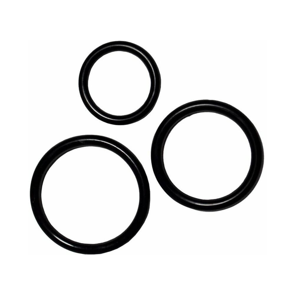 Black rubber rings from the Me You Us Complete Harness Kit for versatile strap-on play.