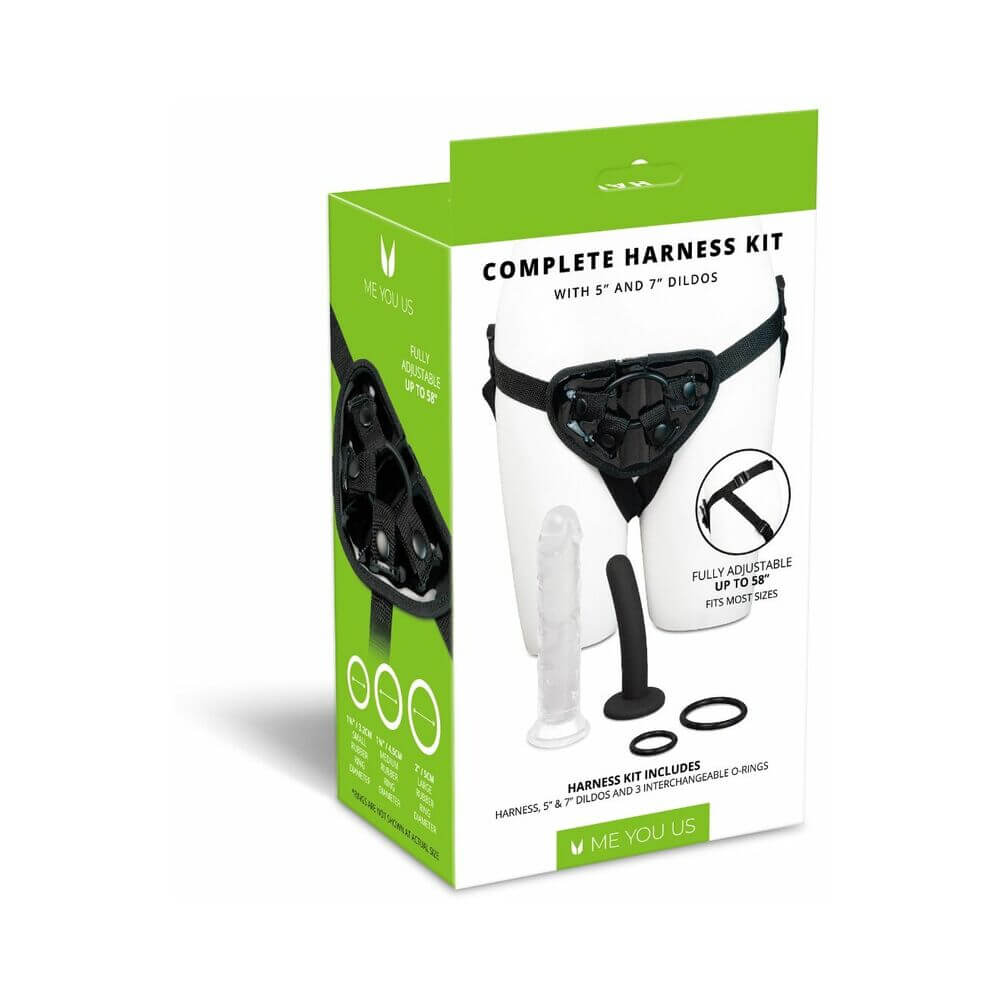 Me You Us Complete Harness Kit 5 & 7 inch Dildos packaging showcasing adjustable harness and included dildos.