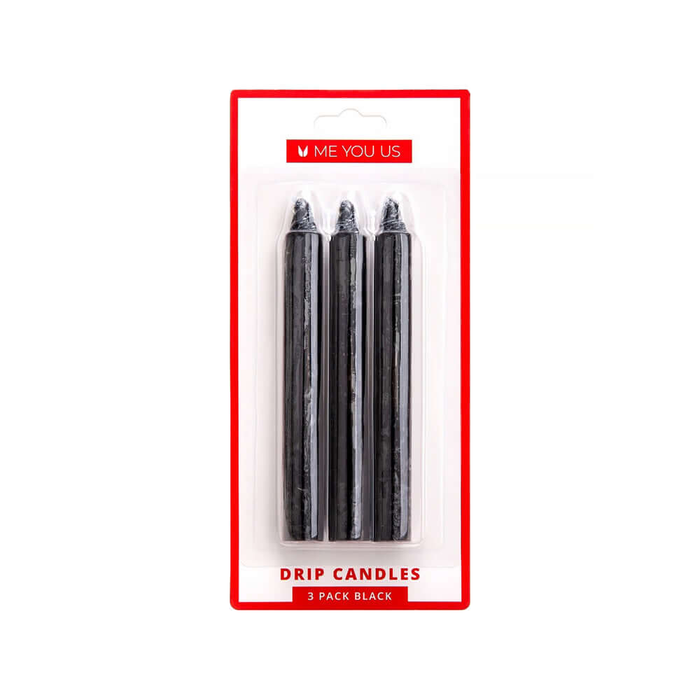 Me You Us Drip Candles 3 Pack Black displayed in packaging for wax play and BDSM applications.