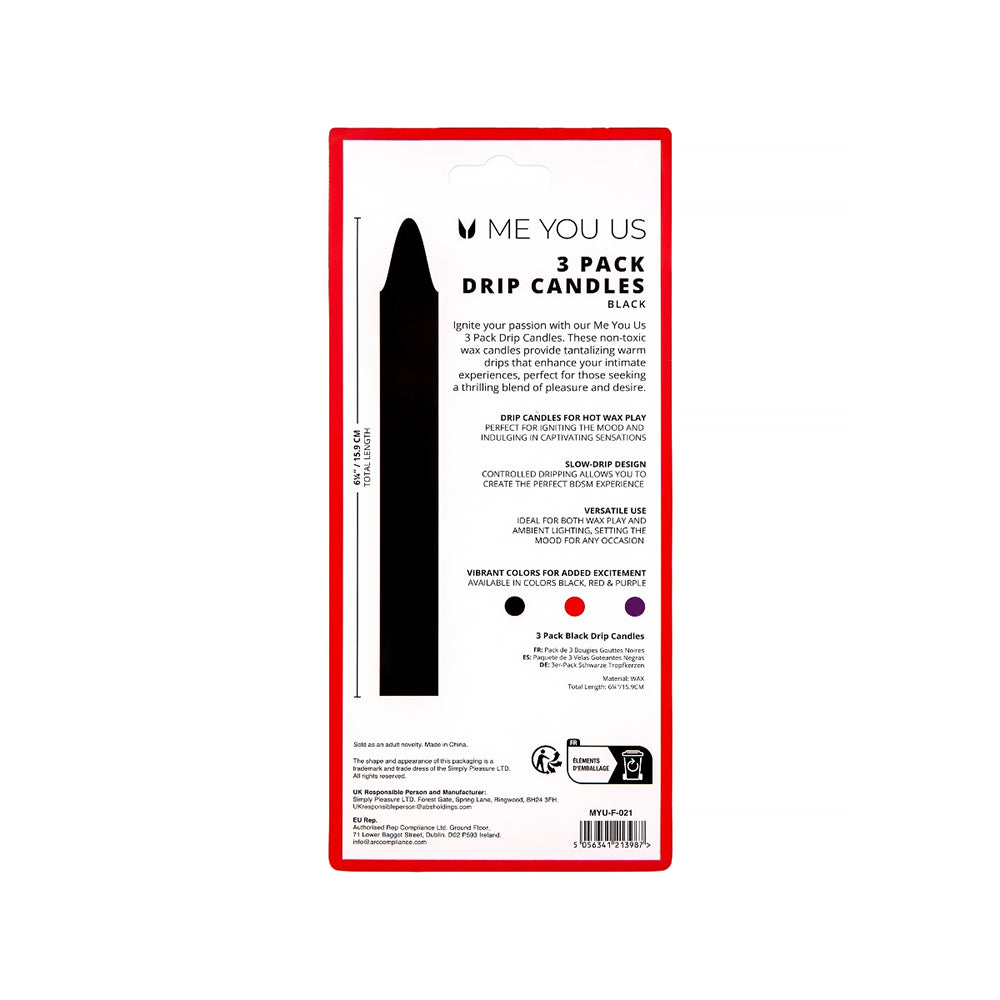 Me You Us Drip Candles 3 Pack Black packaging showcasing the bold black candle design for wax play.