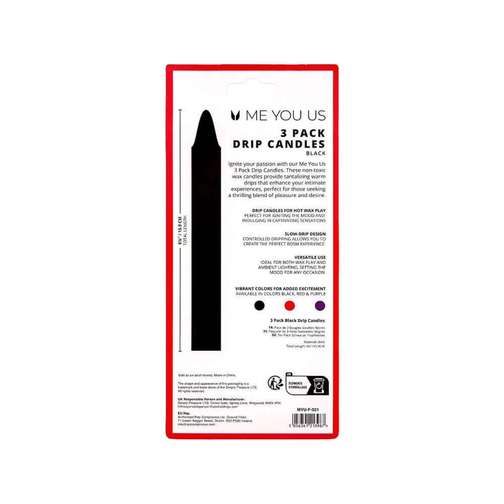 Me You Us Drip Candles 3 Pack Black packaging showcasing the bold black candle design for wax play.