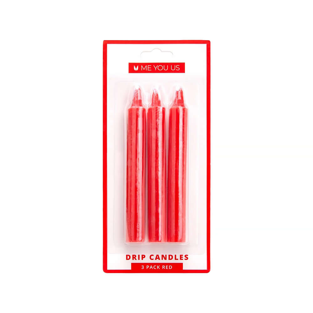Me You Us Drip Candles 3 Pack Red displayed in packaging, ideal for wax play and BDSM activities.