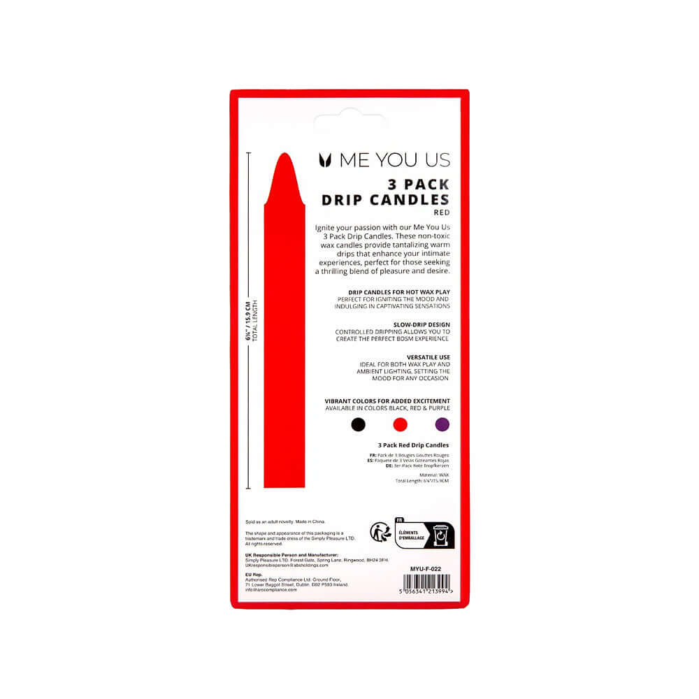 Me You Us Drip Candles 3 Pack Red packaging showcasing the bold red color and details for wax play.
