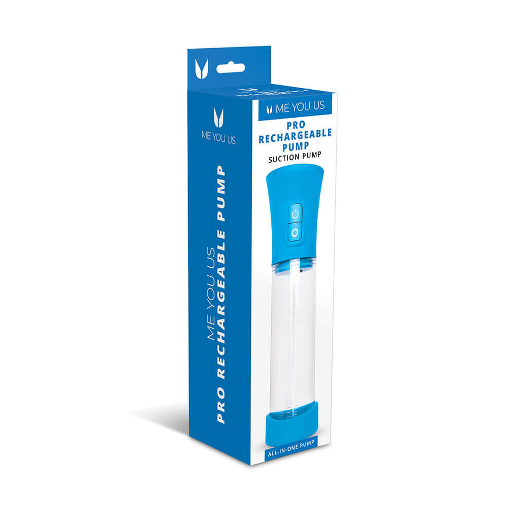 Me You Us Pro Rechargeable Penis Pump packaging view with clear suction tube and control button.