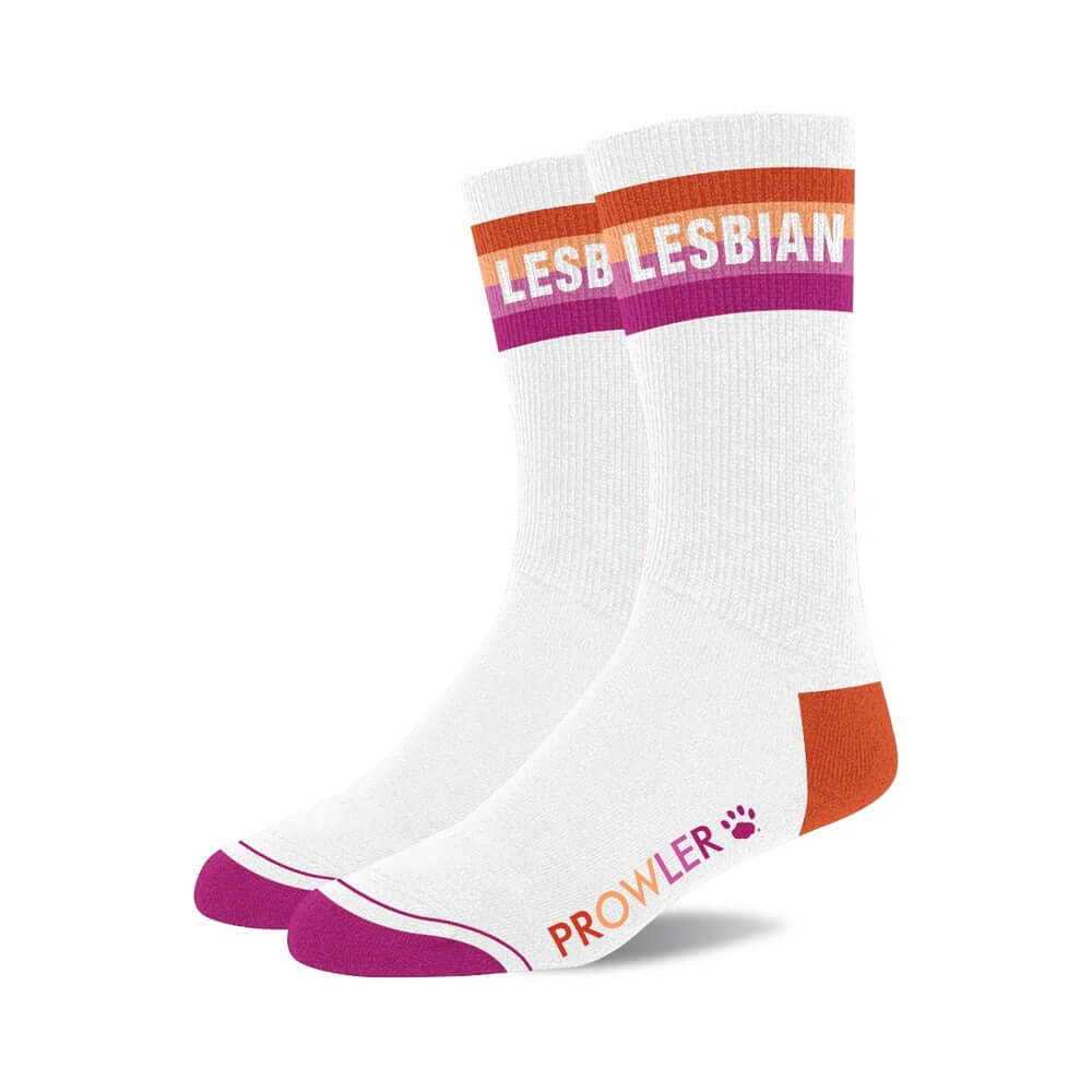Prowler Lesbian Socks in white, purple, and orange, showcasing vibrant design and inclusive message for LGBTQ+ pride.