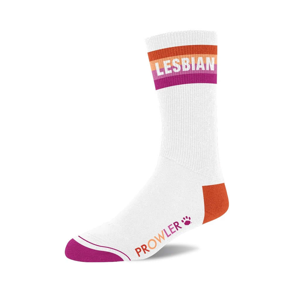 Prowler Lesbian Socks showcasing vibrant design in white, purple, and orange, promoting LGBTQ+ pride and inclusivity.