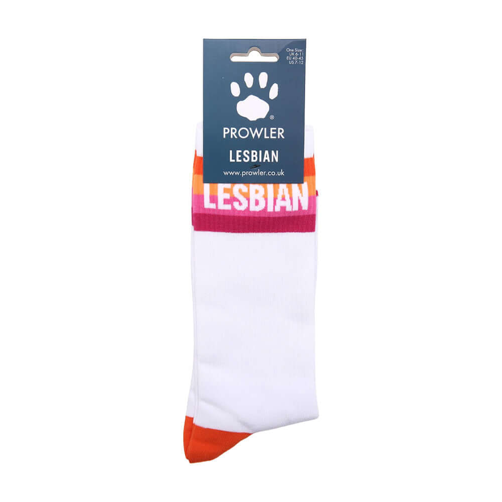 Prowler Lesbian Socks featuring vibrant white, purple, and orange colors for LGBTQ+ pride and expression.
