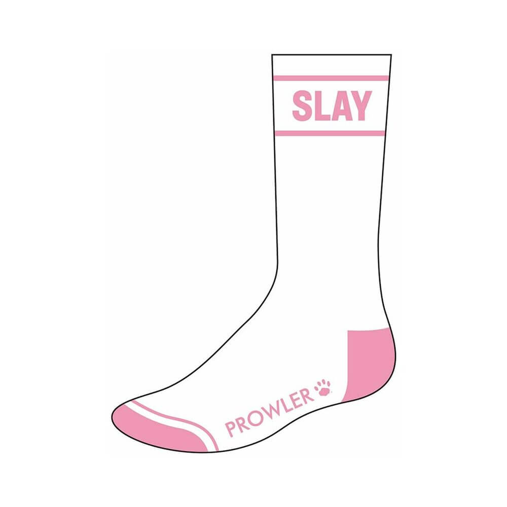 Prowler Slay Socks featuring playful 'Slay' slogan and bold Prowler branding in pink and white design.