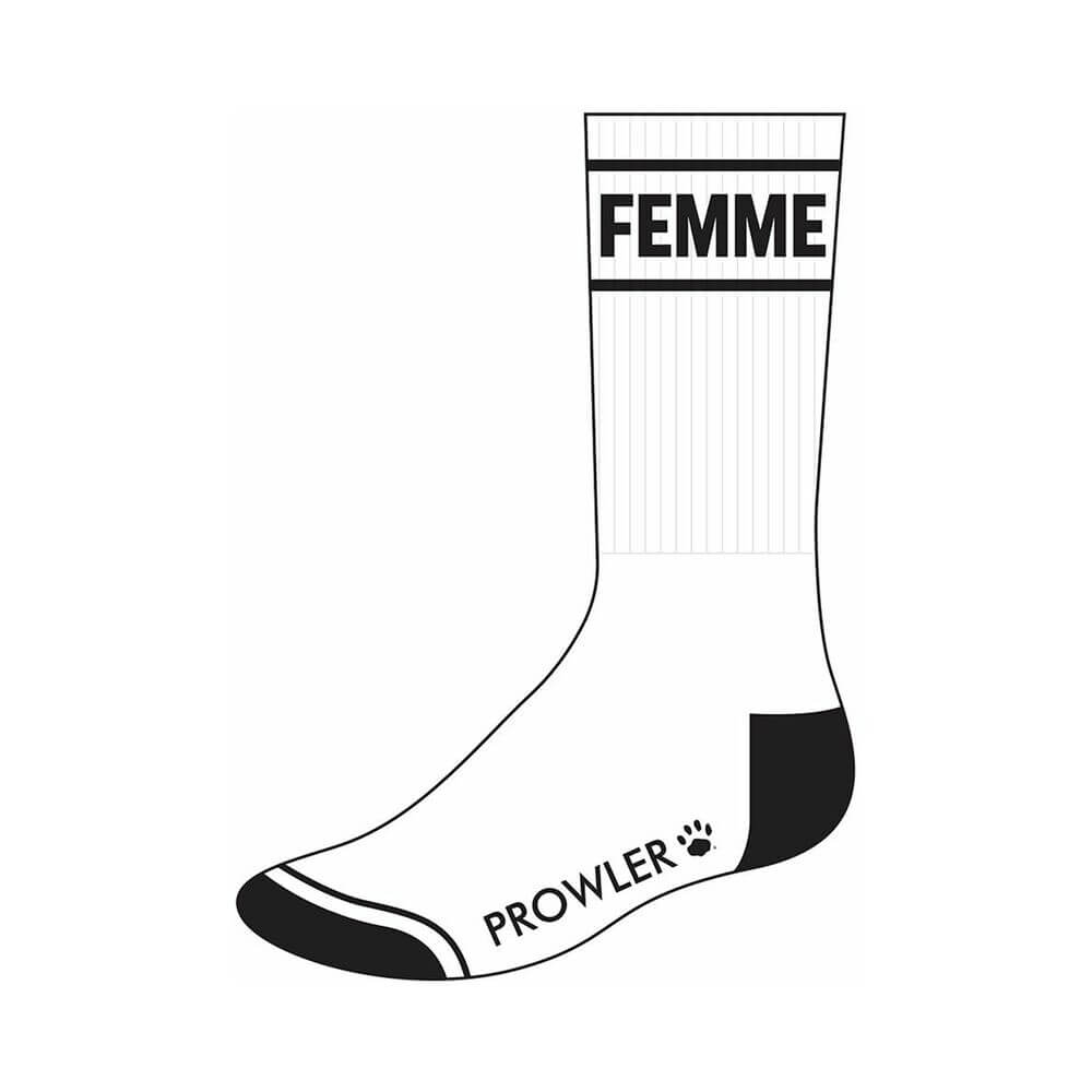 Prowler RED Femme Socks showcasing a stylish white design with bold 'FEMME' text and logo.