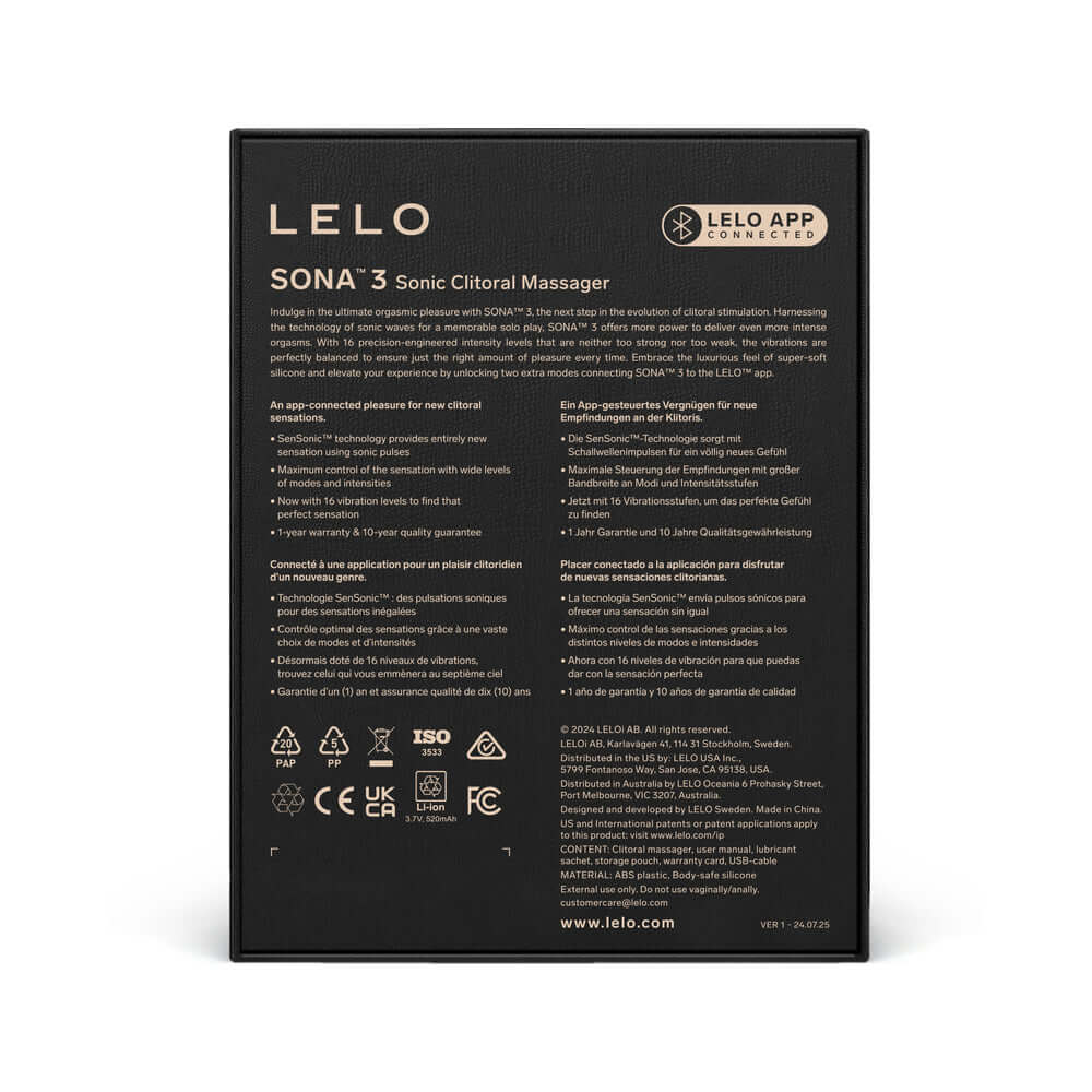 Product packaging for LELO SONA 3 Sonic Clitoral Massager Purple with details and instructions.