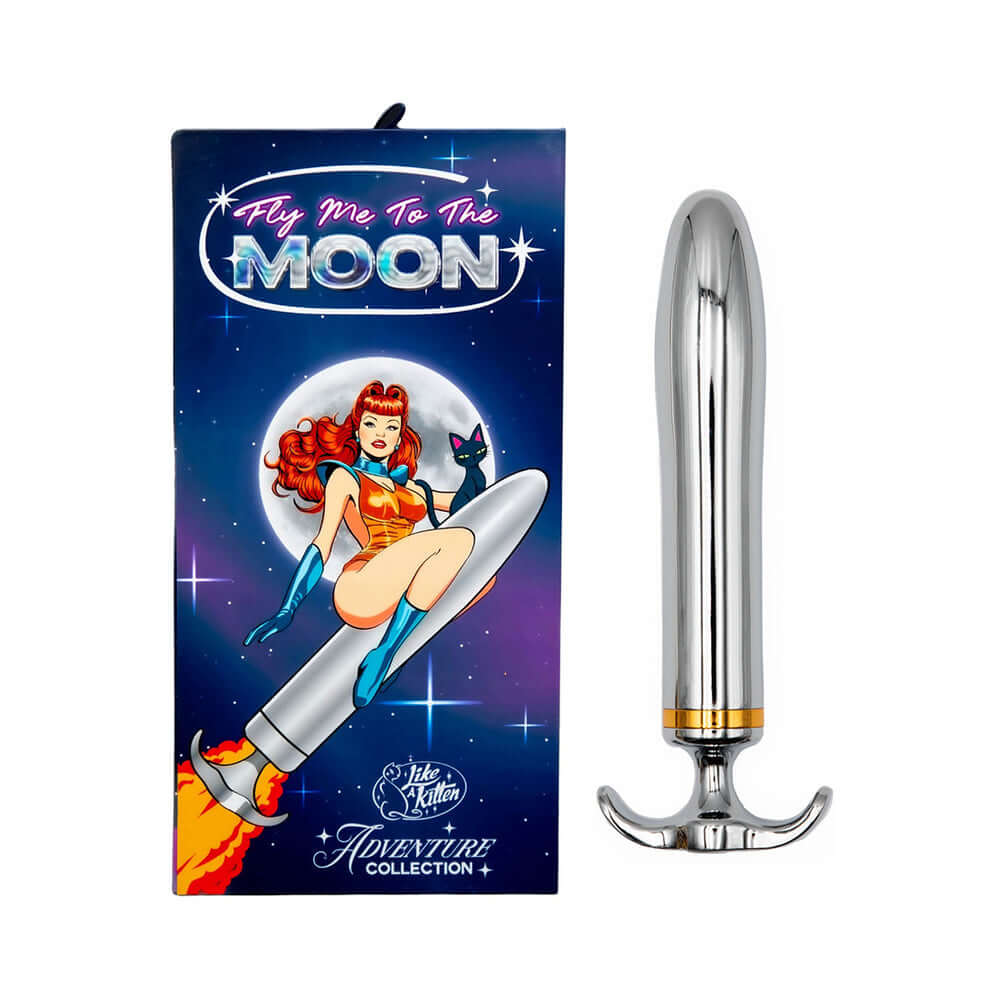 Fly Me To The Moon Metal Vibrator in packaging featuring colorful rocket-inspired design.