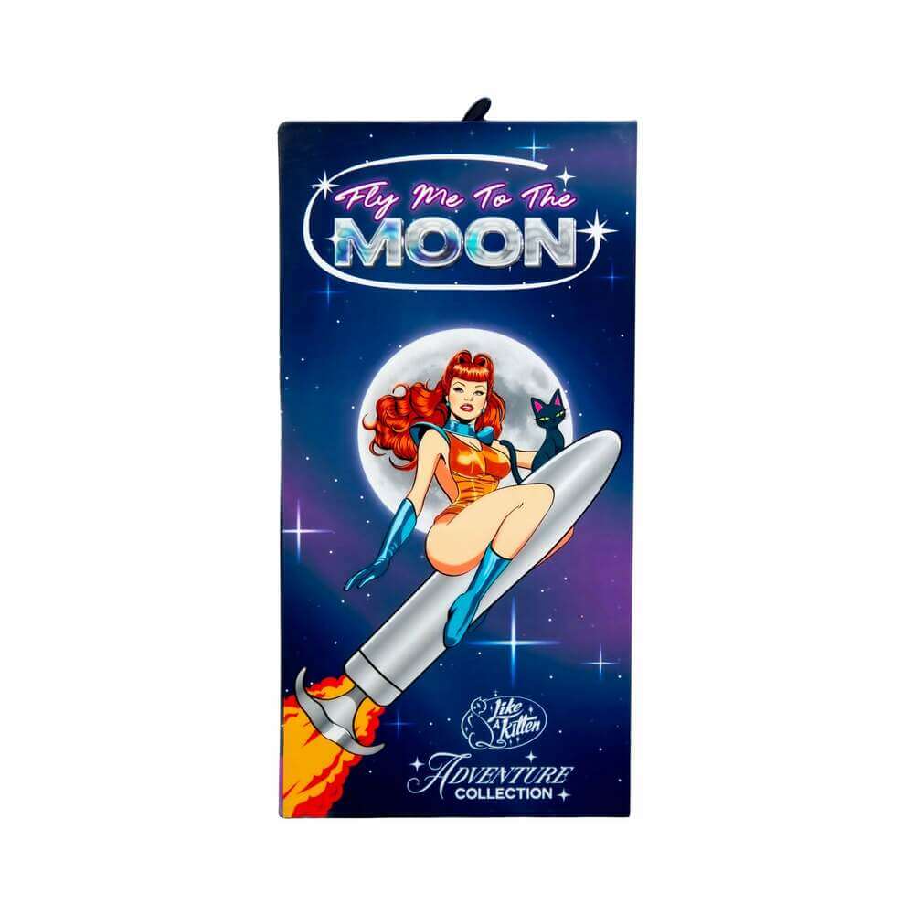 Fly Me To The Moon Metal Vibrator packaging featuring a retro rocket-inspired design and adventurous theme.