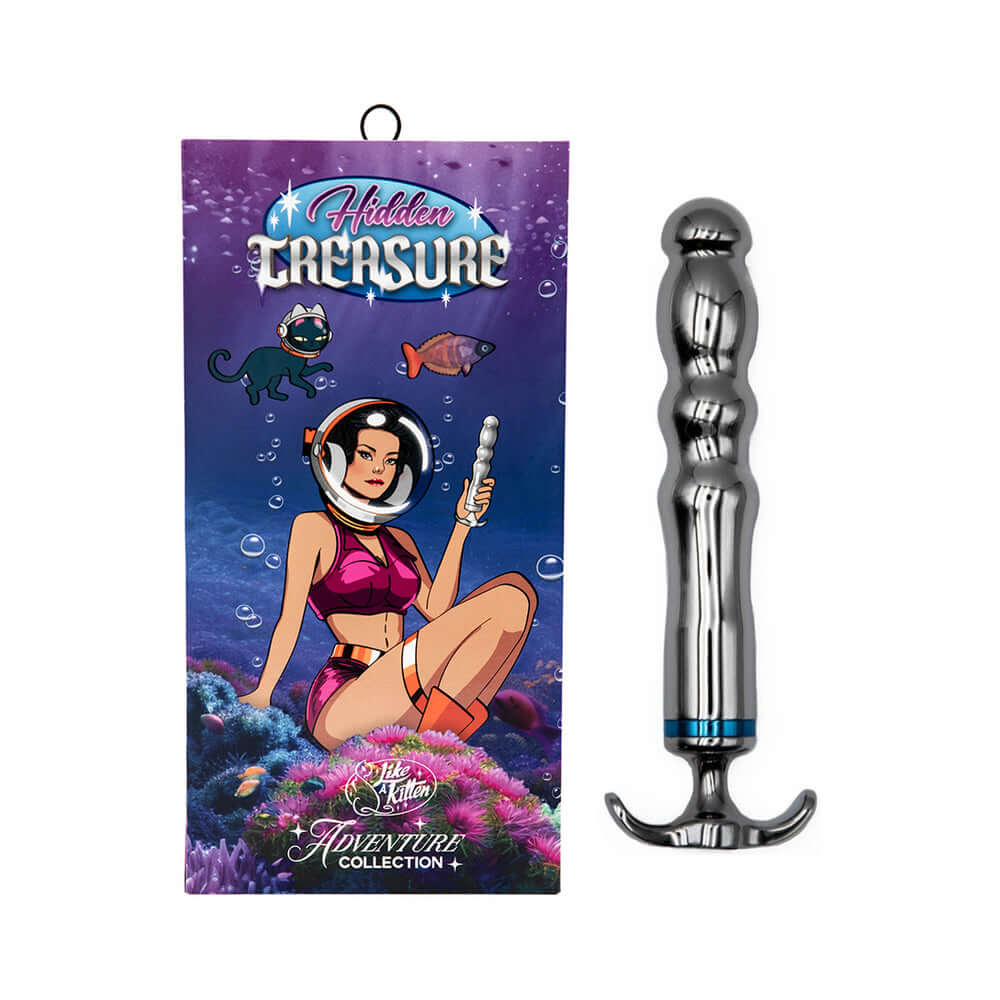 Hidden Treasure Metal Vibrator displayed next to colorful packaging featuring an adventurous underwater theme.