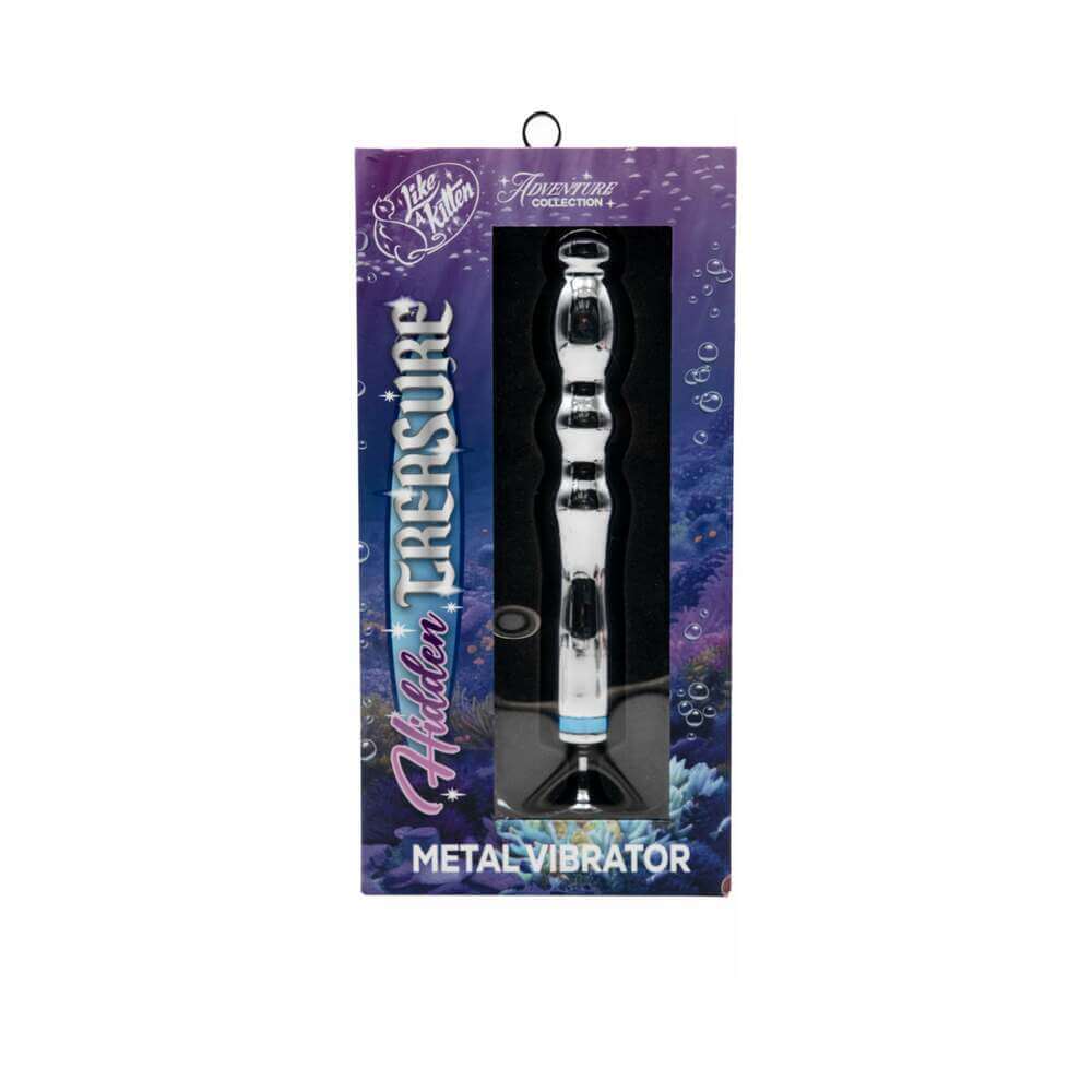 Hidden Treasure Metal Vibrator in packaging, showcasing its luxurious design and smooth curves.