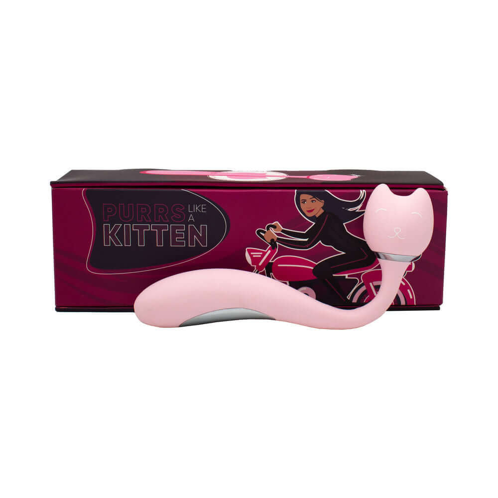 Purrs Like A Kitten Wand Vibrator alongside its stylish packaging, showcasing a unique cat-shaped design.