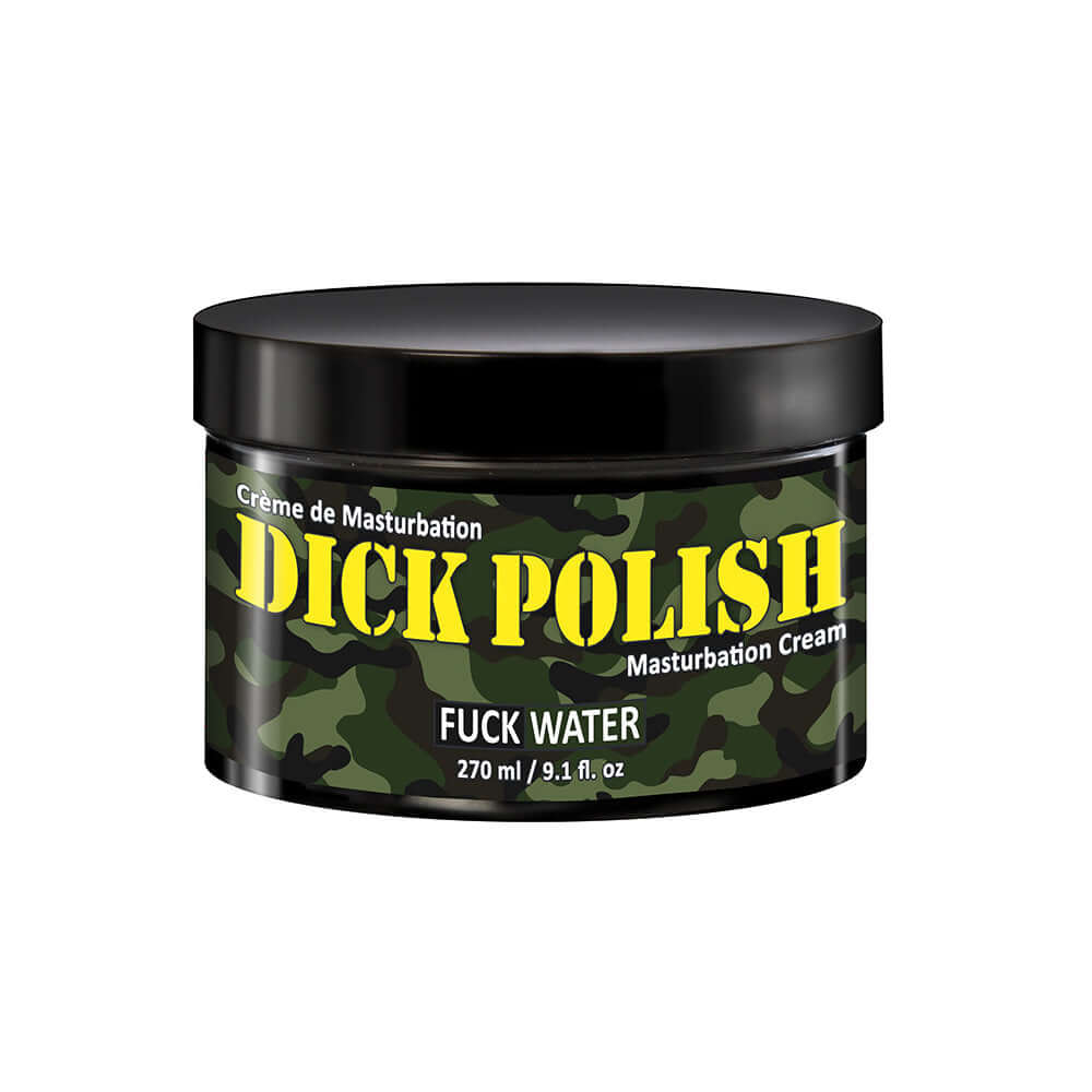 Fuck Water Dick Polish Masturbation Cream 9.1 Oz in a black and green camouflage jar.