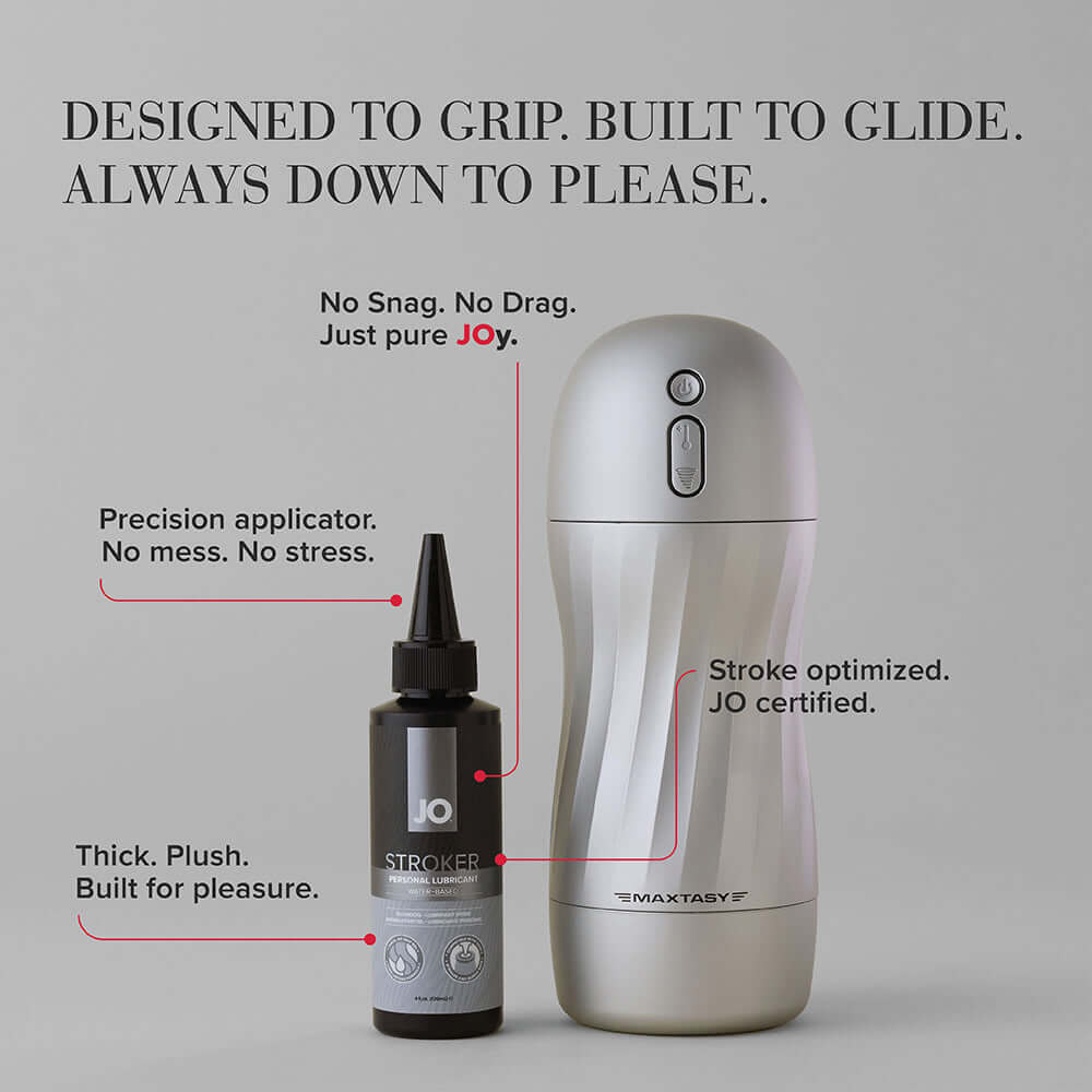 JO Stroker Lubricant 4 Oz next to a sleek stroker, highlighting premium water-based lube features.