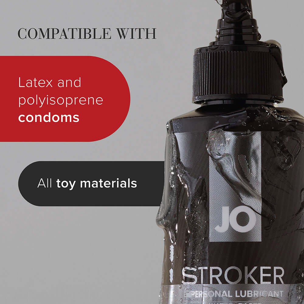 JO Stroker Lubricant 4 Oz bottle, compatible with latex condoms and all toy materials.