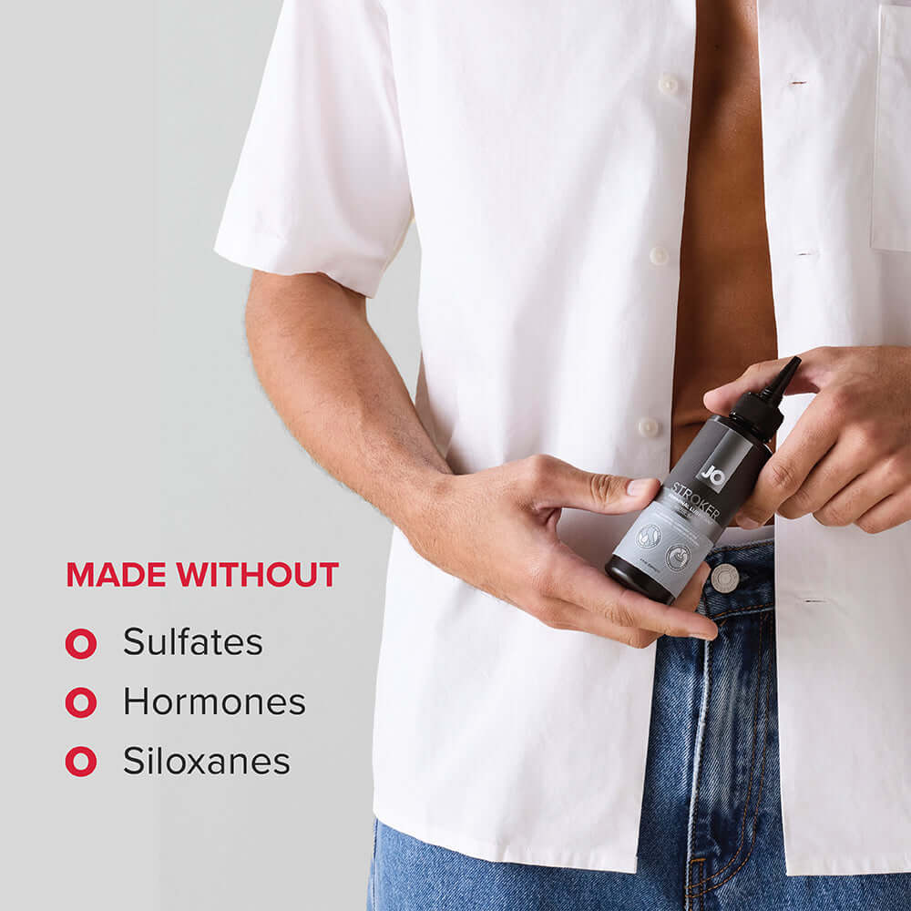JO Stroker Lubricant 4 Oz bottle held by a man in a white shirt, showing 'made without' ingredients.