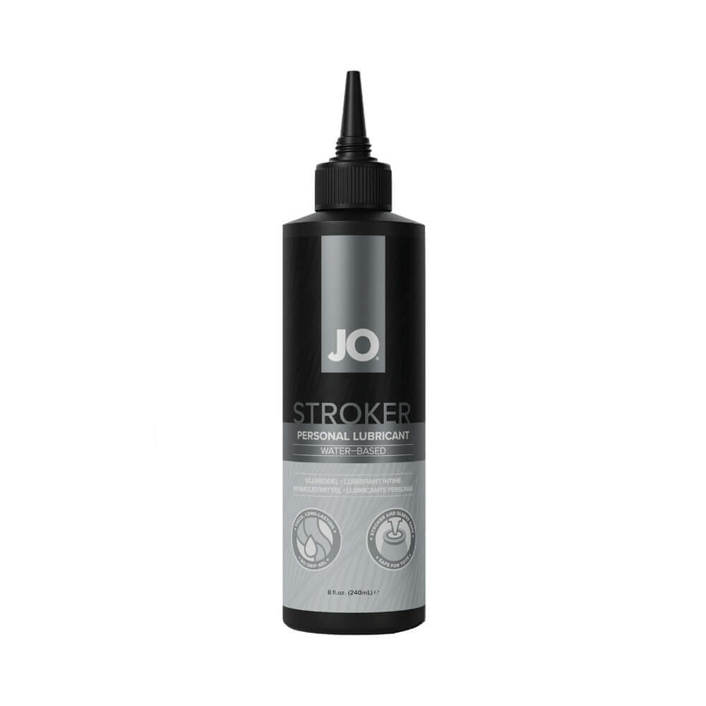 JO Stroker Lubricant 8 Oz bottle, designed for strokers and personal use, featuring a sleek black design.