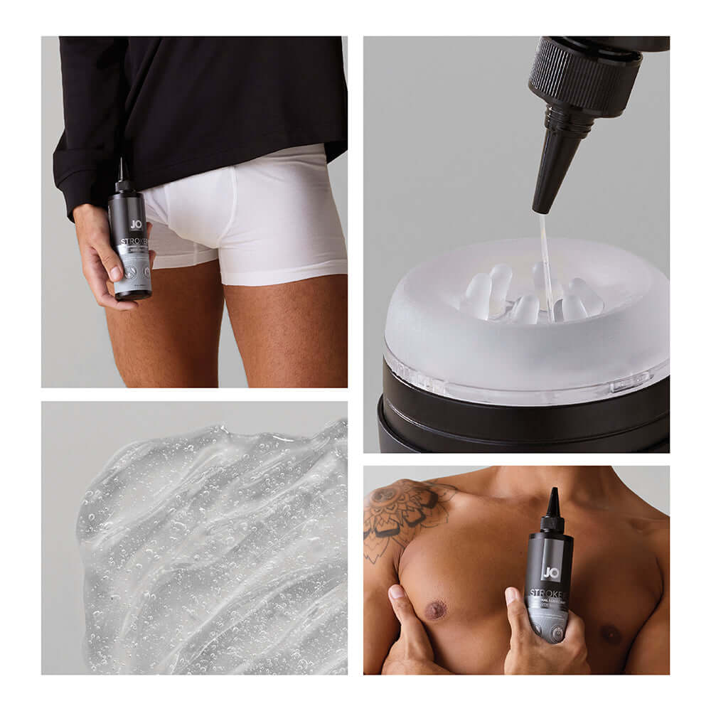 JO Stroker Lubricant 8 Oz in a hand, showcasing texture and usage for enhanced pleasure with strokers and toys.