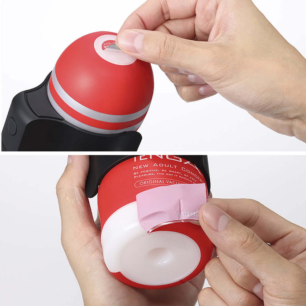 Person exploring the Tenga Cup Vibrator, removing the seal to access its features and sensations.