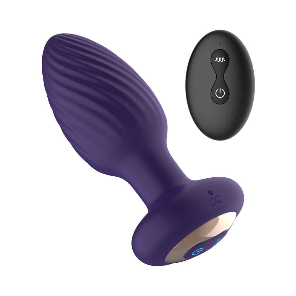 The Royale Rotating Anal Plug Purple alongside its remote control, crafted for pleasure with rotating motion and vibrations.