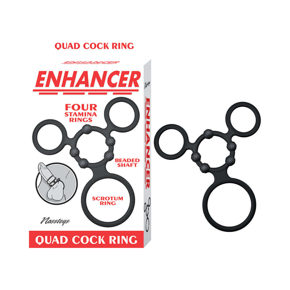 Enhancer Quad Cockring Black packaging and product showing four flexible stamina rings for enhanced performance.