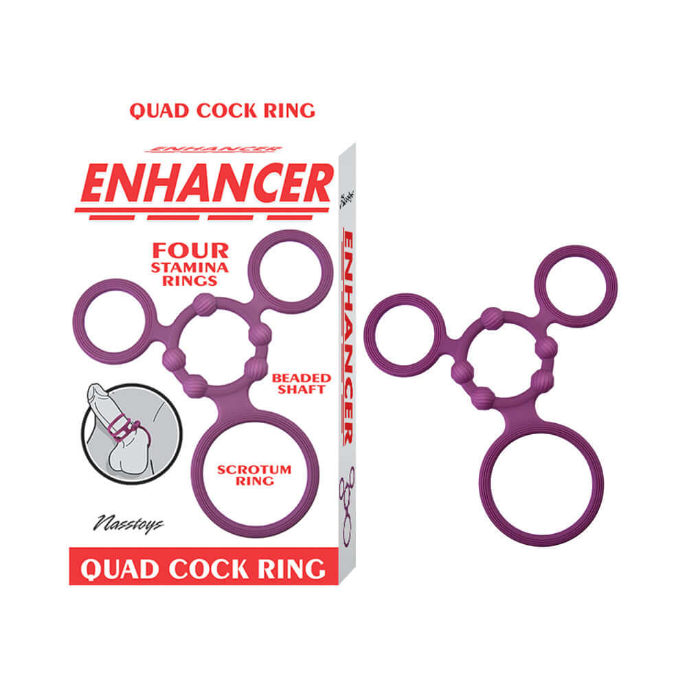 Enhancer Quad Cockring Rubine Red package with four stretchy stamina rings displayed for enhanced pleasure.