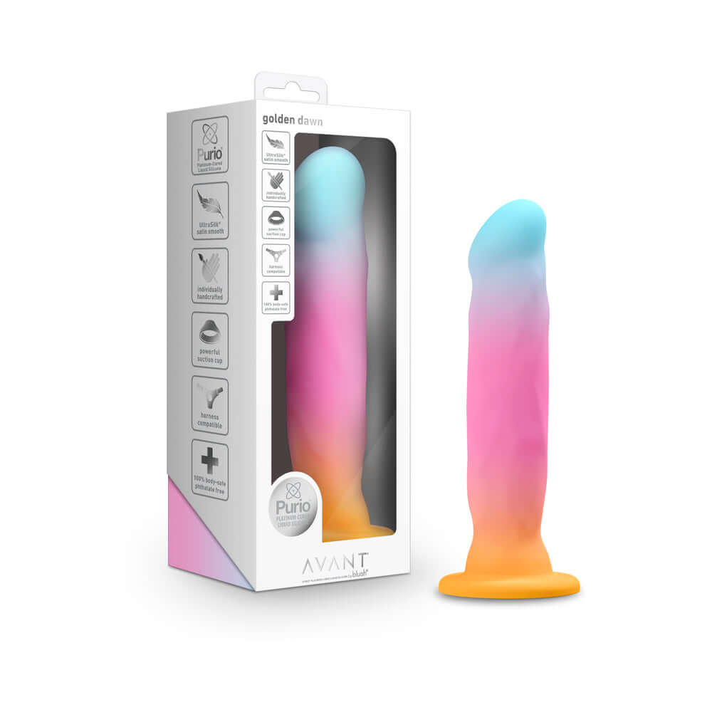 Avant Golden Dawn Artisan Dildo in packaging with colorful gradient design for enhanced pleasure.