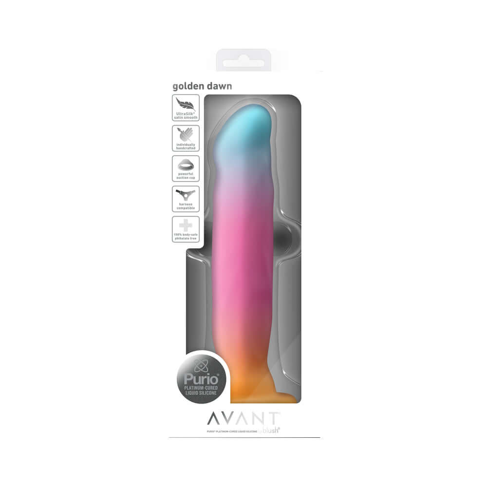 Avant Golden Dawn Artisan Dildo packaged in elegant design showcasing its colorful and modern appearance.