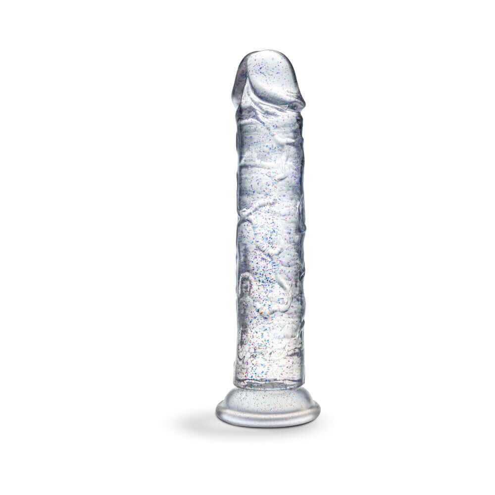 Naturally Yours Gala Sparkling Dildo Clear with a glitter-infused design and radiant clear color, perfect for pleasure.