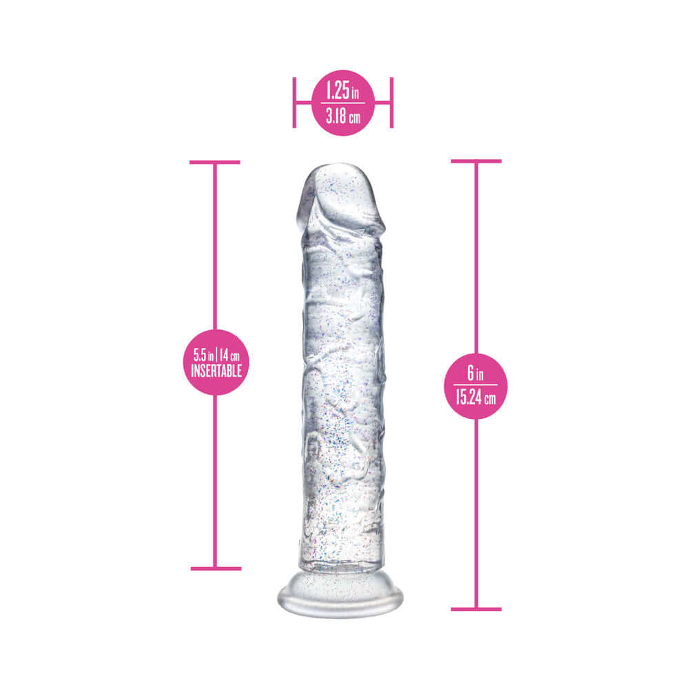 Naturally Yours Gala Sparkling Dildo Clear with dimensions, showcasing its stunning glittery design and insertable length.