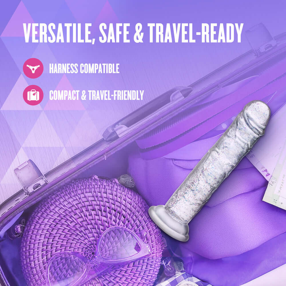 Naturally Yours Glamor Sparkling Dildo Clear in a travel bag, highlighting its versatility and travel-friendly design.